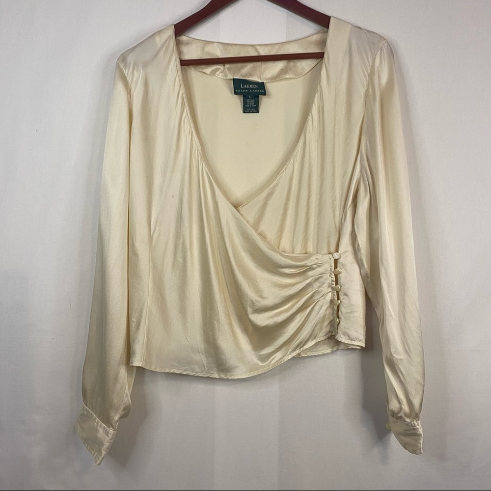 LAUREN Ralph Lauren Cream 100%  Silk Wrap Top Long Sleeve Size Large